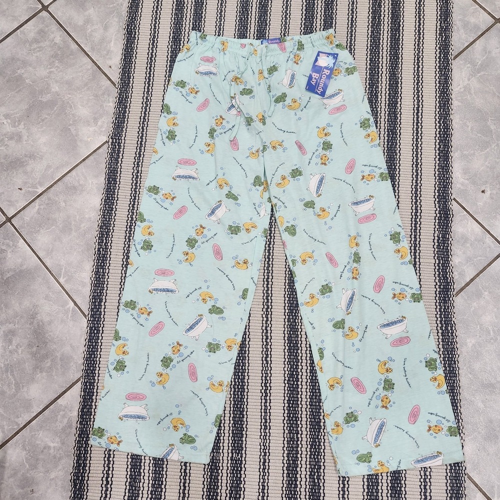 Roundy Bay Pajama Pants Women's L Blue Frog Duck Fish Bubble Cotton Blend PJ